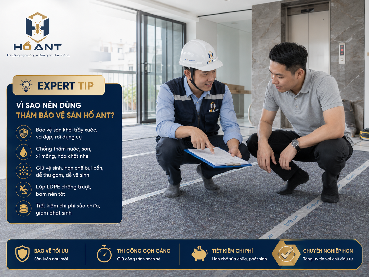 Chuyên gia tư vấn lựa chọn vật liệu bảo vệ sàn phù hợp.