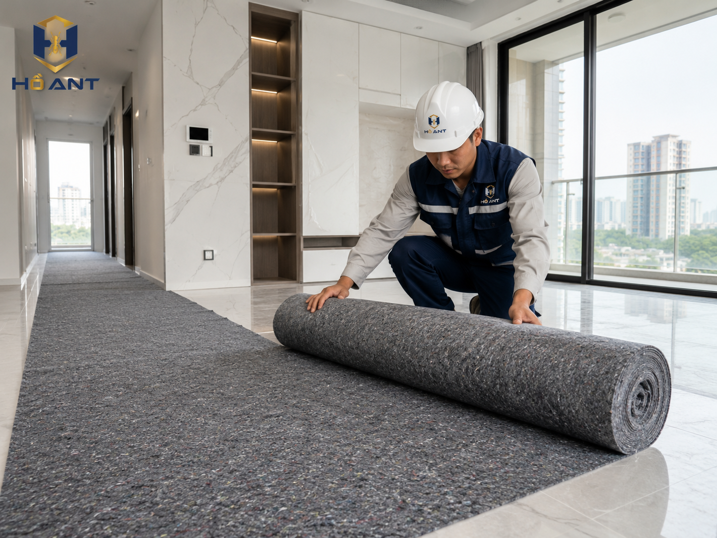 Hướng dẫn trải thảm bảo vệ sàn đúng cách tại công trình.