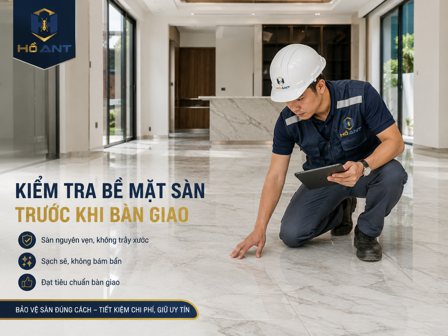 Kiểm tra bề mặt sàn trước khi bàn giao công trình.