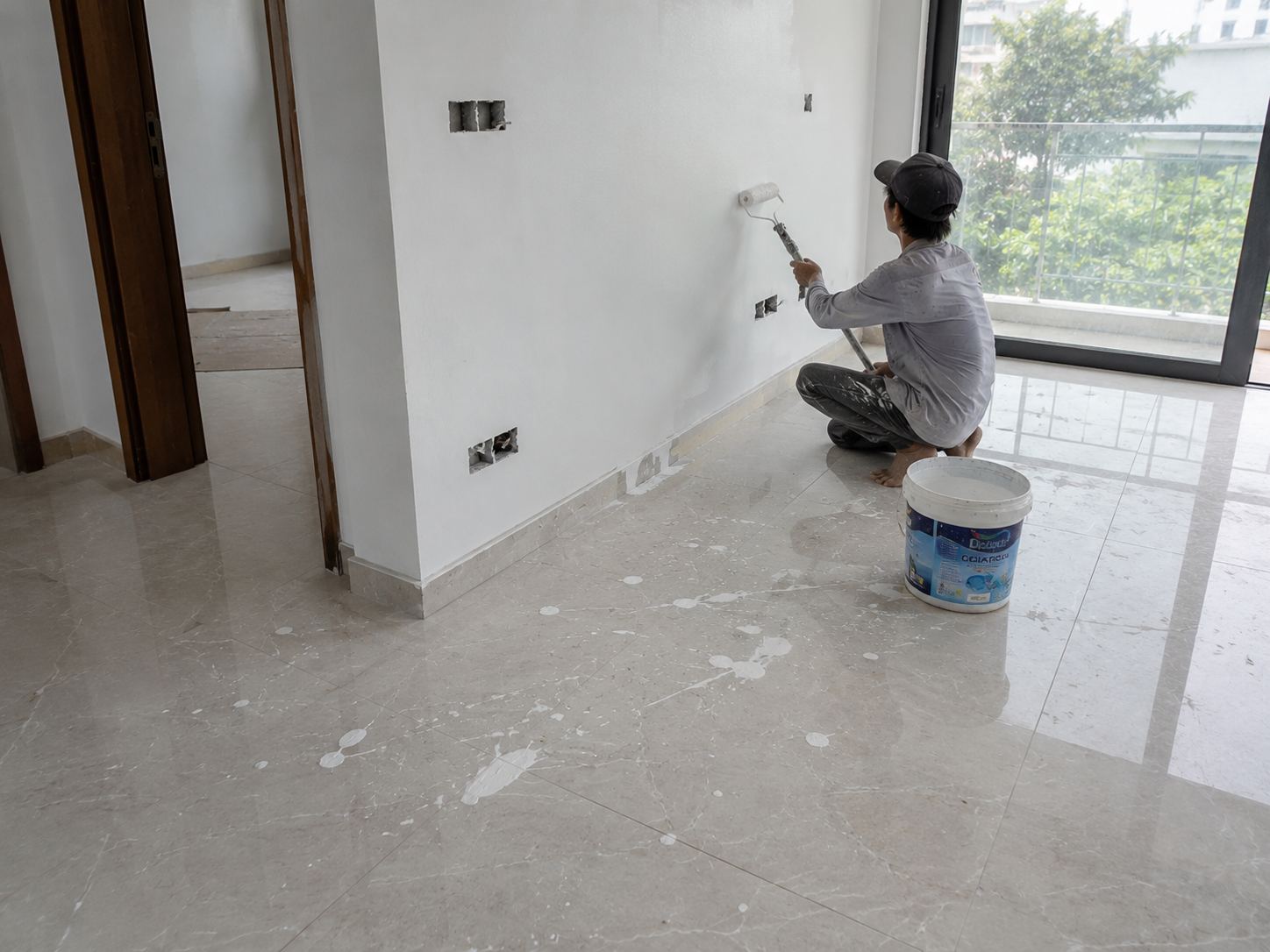 Sơn nước rơi xuống nền gạch trong quá trình thi công.