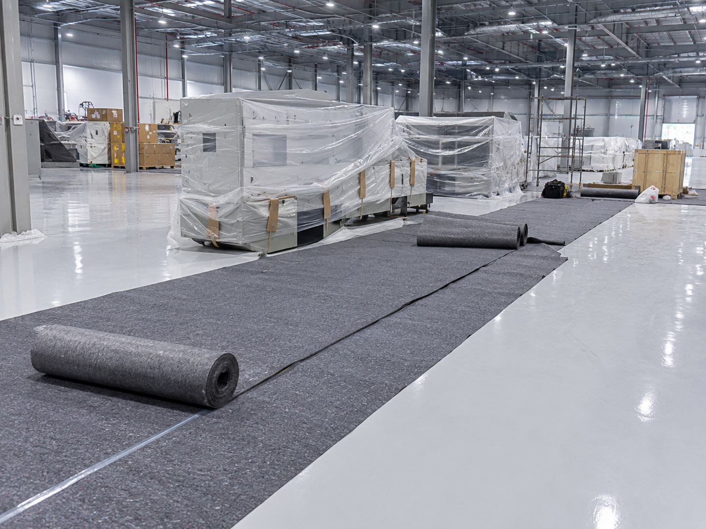 Thảm bảo vệ sàn trên sàn epoxy.