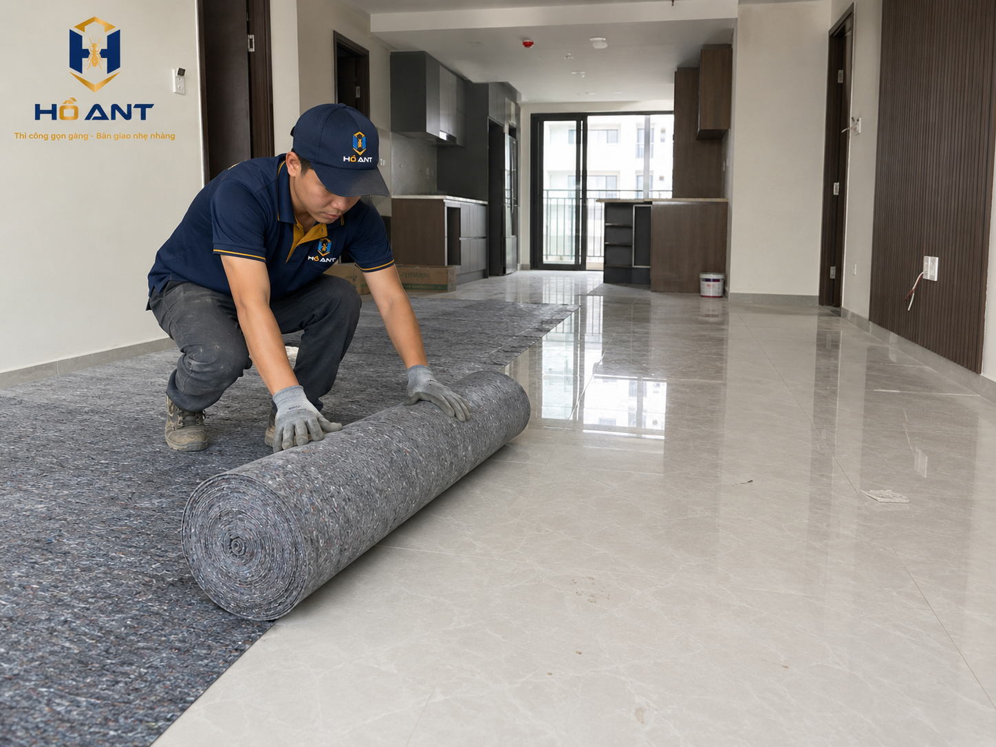 Tháo thảm bảo vệ sau khi hoàn thiện công trình.