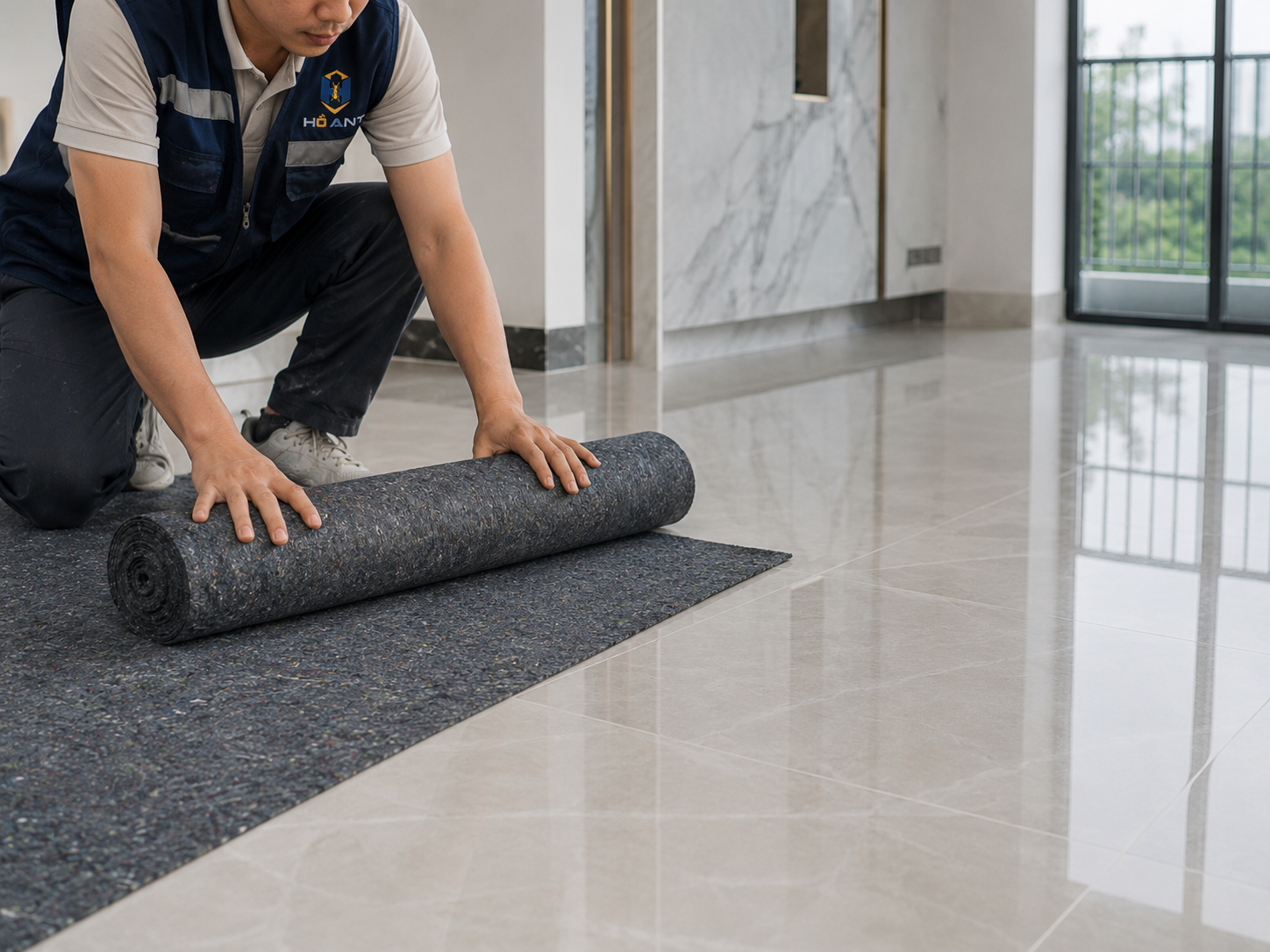 Tháo thảm bảo vệ sàn trước khi bàn giao công trình.