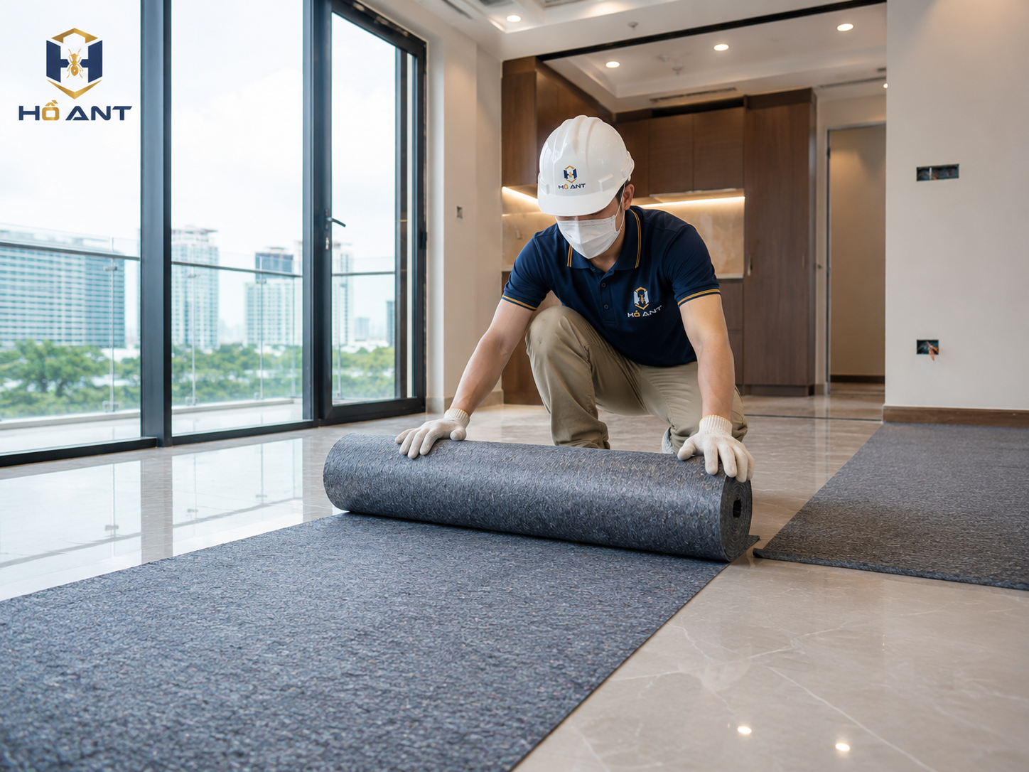 Trải thảm bảo vệ sàn sau khi hoàn thiện bề mặt.